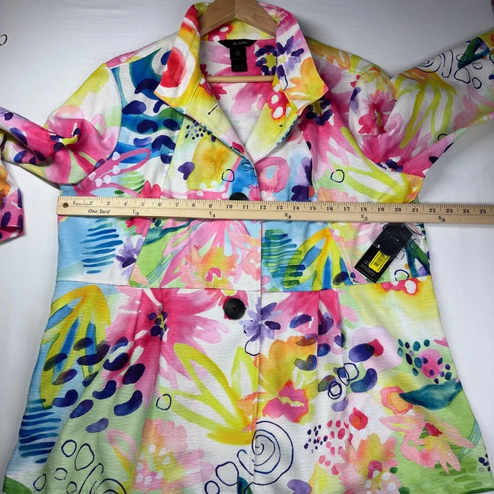 NEW Ali Miles Watercolor Floral Bell Sleeve Jacket Sz L Colorful Lagenlook Artsy